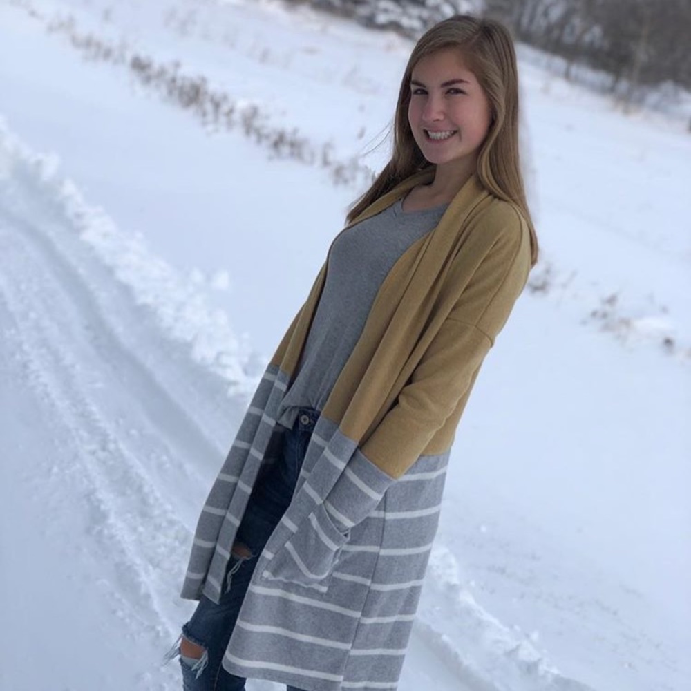 Mustard and heather gray striped cardigan